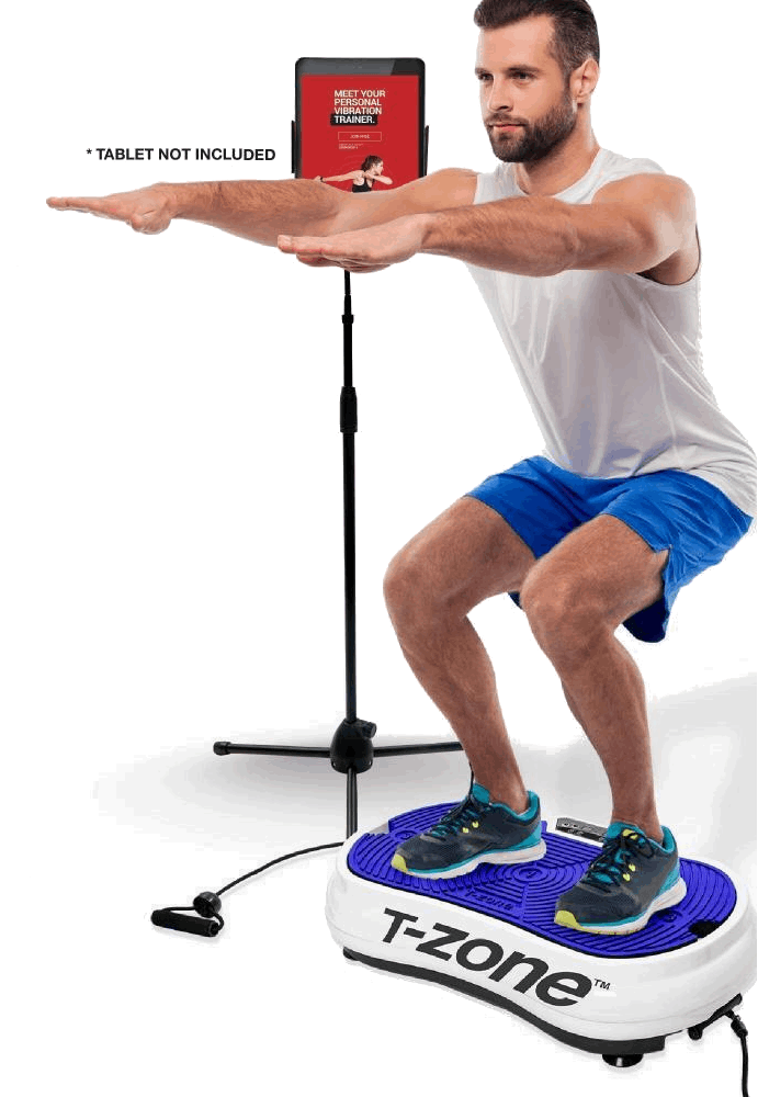 T-Zone HE-90 Vibration Plate Exercise Machine with accessories including balance poles and mats, showcasing its compact design and user-friendly interface.